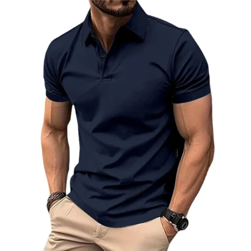 Men's Solid Color Polo Shirt Short Sleeve Lapel Button - Image 7