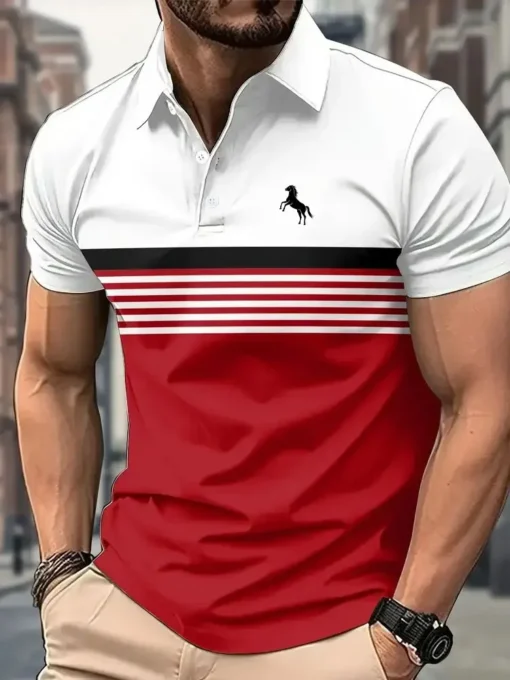 Casual Short Sleeve Polo Shirt with 3D Horse Print - Image 6