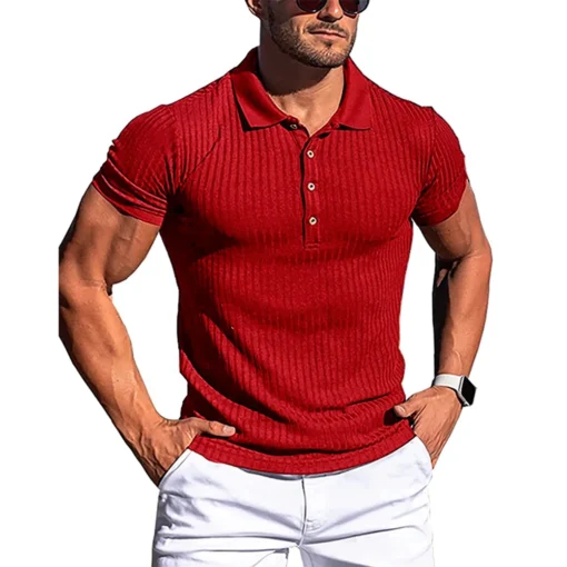 Summer Solid Stripe Fitness Elasticity Short Sleeve Polo Shirts - Image 13