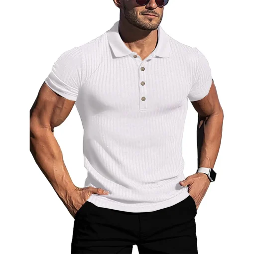 Summer Solid Stripe Fitness Elasticity Short Sleeve Polo Shirts - Image 12