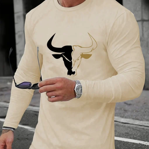 bull pattern printed round neck long sleeved shirt - Image 12