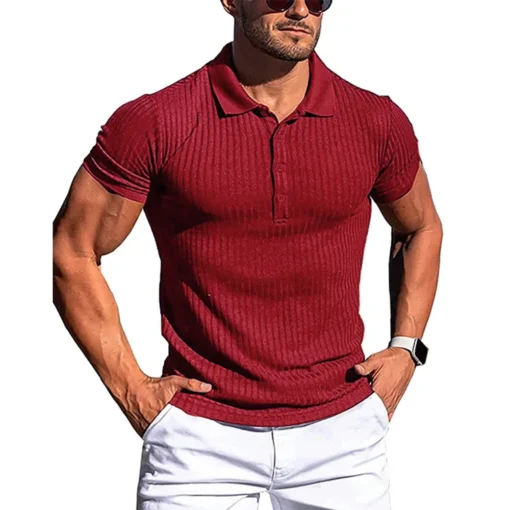 Summer Solid Stripe Fitness Elasticity Short Sleeve Polo Shirts - Image 7