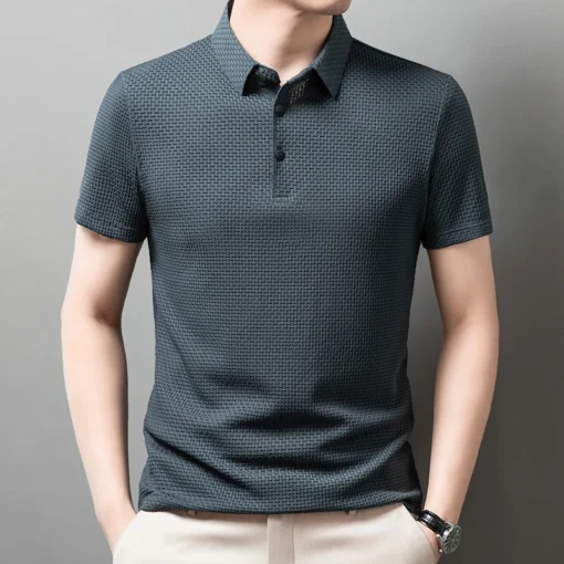 Men's Business Casual Short Sleeved Bone Flower Solid Color POLO Shirt - Image 23