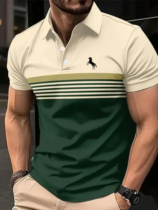 Casual Short Sleeve Polo Shirt with 3D Horse Print - Image 3