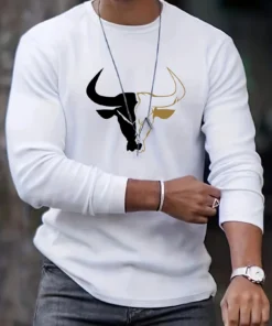 bull pattern printed round neck long sleeved shirt