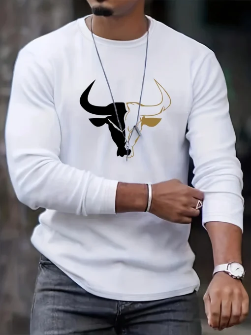 bull pattern printed round neck long sleeved shirt