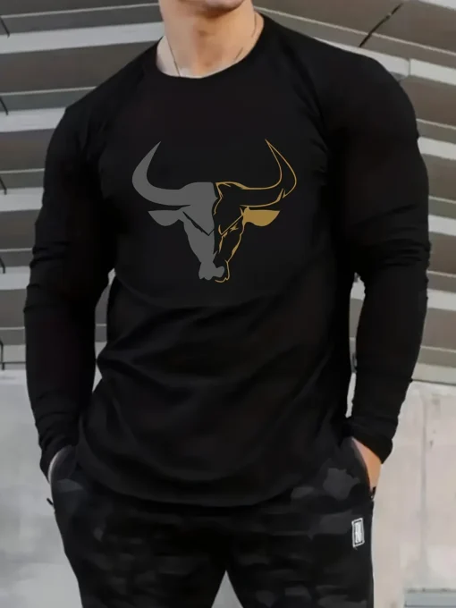 bull pattern printed round neck long sleeved shirt - Image 6