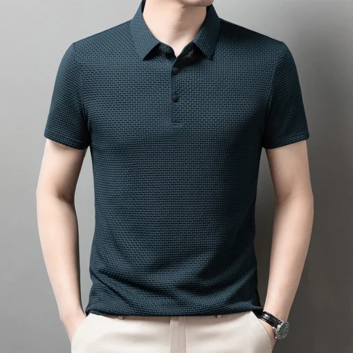 Men's Business Casual Short Sleeved Bone Flower Solid Color POLO Shirt - Image 24