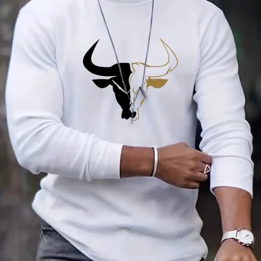 bull pattern printed round neck long sleeved shirt - Image 14