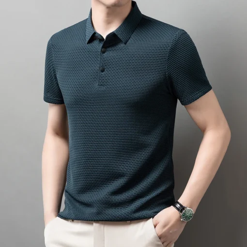 Men's Business Casual Short Sleeved Bone Flower Solid Color POLO Shirt - Image 26