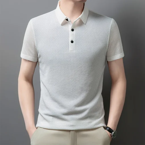 Men's Business Casual Short Sleeved Bone Flower Solid Color POLO Shirt - Image 21