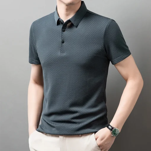 Men's Business Casual Short Sleeved Bone Flower Solid Color POLO Shirt - Image 25