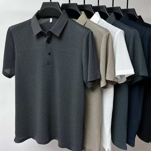Men's Business Casual Short Sleeved Bone Flower Solid Color POLO Shirt - Image 14