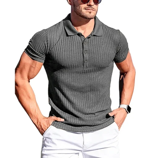 Summer Solid Stripe Fitness Elasticity Short Sleeve Polo Shirts - Image 6