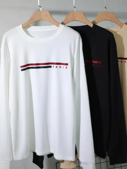 100% pure cotton summer loose comfortable casual  PARIS print large round neck  long sleeve T-shirt - Image 6