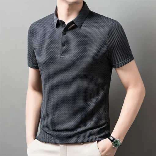 Men's Business Casual Short Sleeved Bone Flower Solid Color POLO Shirt - Image 29