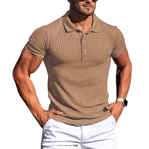 Summer Solid Stripe Fitness Elasticity Short Sleeve Polo Shirts - Image 8