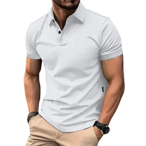 Men's Solid Color Polo Shirt Short Sleeve Lapel Button - Image 3