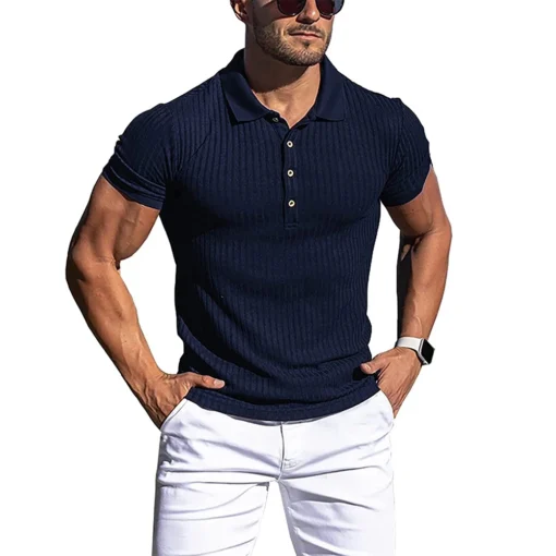 Summer Solid Stripe Fitness Elasticity Short Sleeve Polo Shirts - Image 5