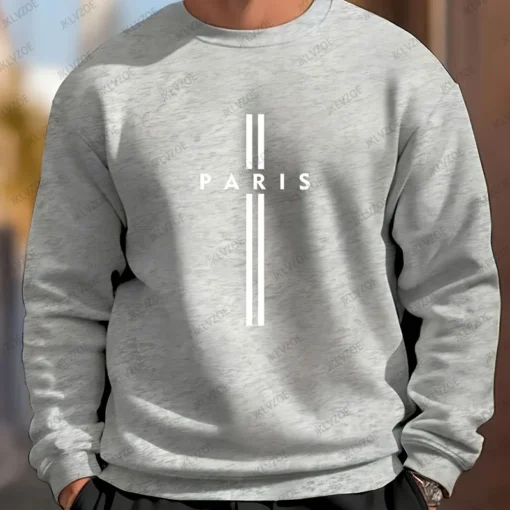 Paris Letter Printed Men's Round Neck Long Sleeved Sweatshirt - Image 4