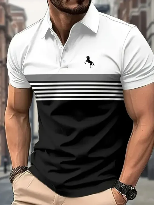 Casual Short Sleeve Polo Shirt with 3D Horse Print - Image 4