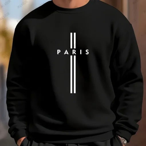Paris Letter Printed Men's Round Neck Long Sleeved Sweatshirt - Image 2