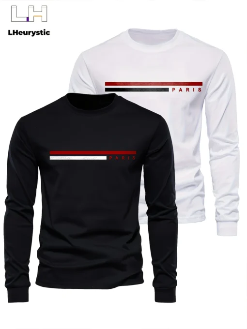 100% pure cotton summer loose comfortable casual  PARIS print large round neck  long sleeve T-shirt - Image 4