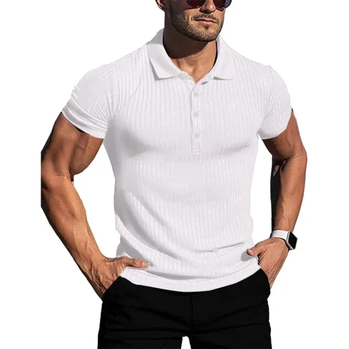 Summer Solid Stripe Fitness Elasticity Short Sleeve Polo Shirts - Image 11