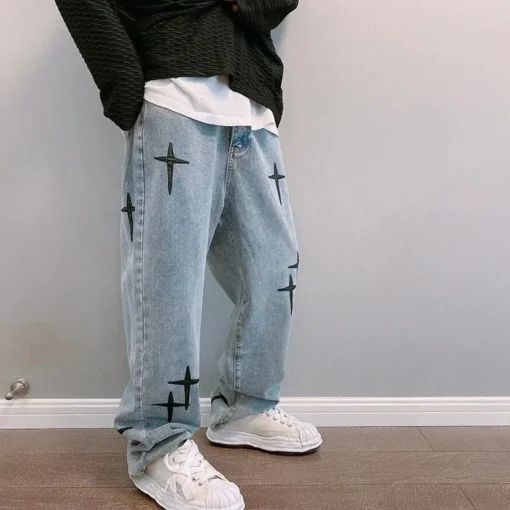 Prints Jeans Men 2023 New Streetwear Baggy Wide Leg Jeans - Image 2