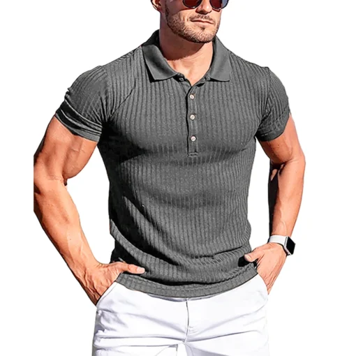 Summer Solid Stripe Fitness Elasticity Short Sleeve Polo Shirts - Image 3