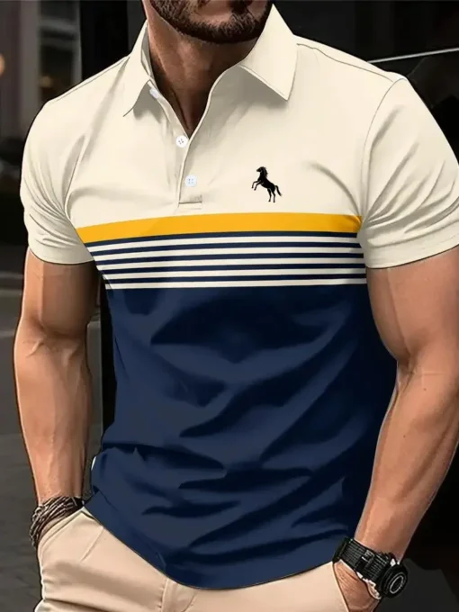 Casual Short Sleeve Polo Shirt with 3D Horse Print