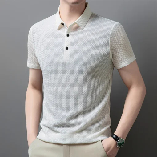 Men's Business Casual Short Sleeved Bone Flower Solid Color POLO Shirt - Image 27