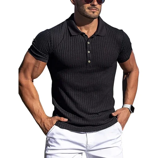 Summer Solid Stripe Fitness Elasticity Short Sleeve Polo Shirts - Image 4