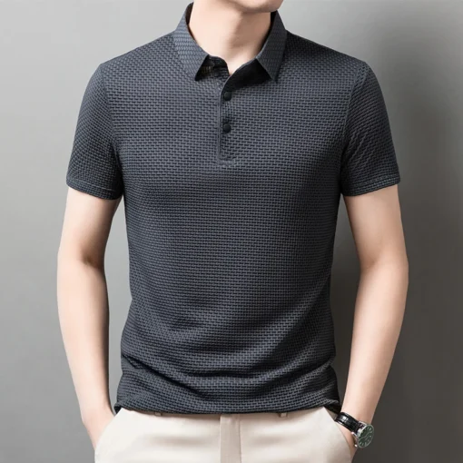 Men's Business Casual Short Sleeved Bone Flower Solid Color POLO Shirt - Image 20
