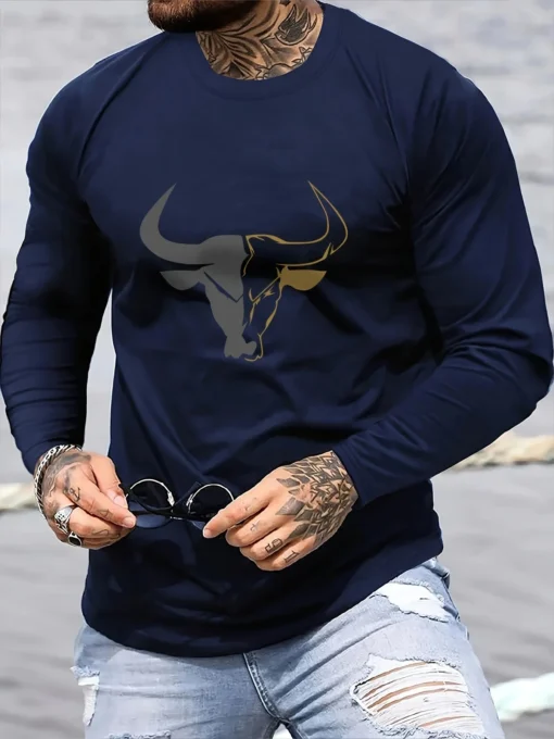 bull pattern printed round neck long sleeved shirt - Image 4