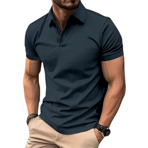 Men's Solid Color Polo Shirt Short Sleeve Lapel Button - Image 11