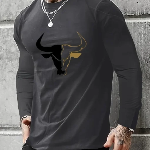 bull pattern printed round neck long sleeved shirt - Image 7