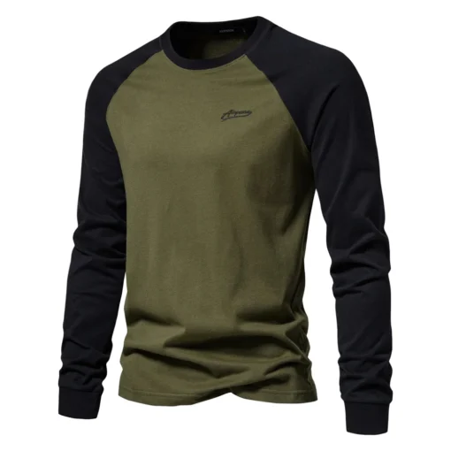 AIOPESON Men's 100% Cotton Long Sleeve O-neck Pactwork Casual T Shirts