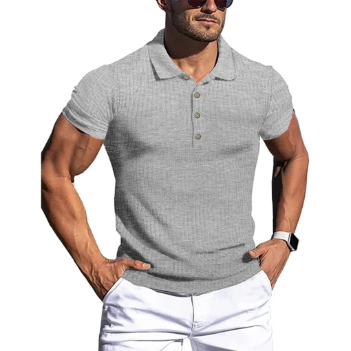 Summer Solid Stripe Fitness Elasticity Short Sleeve Polo Shirts - Image 2