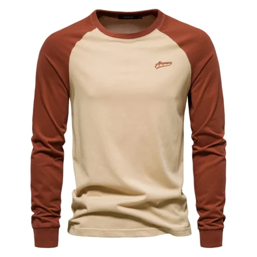 AIOPESON Men's 100% Cotton Long Sleeve O-neck Pactwork Casual T Shirts - Image 6