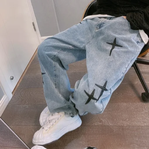 Prints Jeans Men 2023 New Streetwear Baggy Wide Leg Jeans