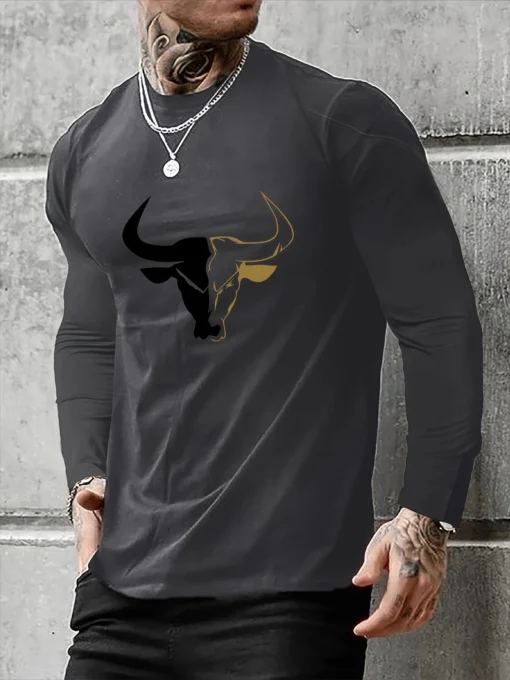 bull pattern printed round neck long sleeved shirt - Image 5