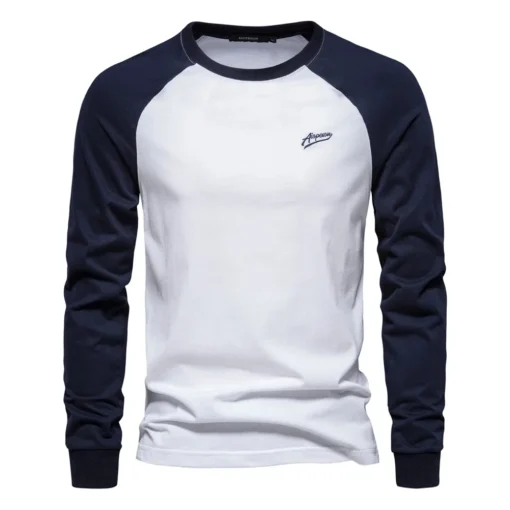 AIOPESON Men's 100% Cotton Long Sleeve O-neck Pactwork Casual T Shirts - Image 7