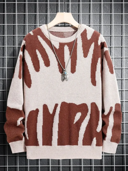 Irregular Jacquard Pattern Pullover Sweater - Image 10