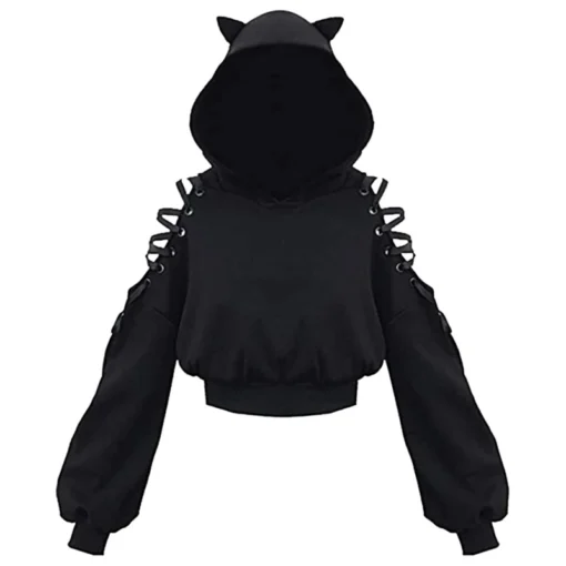 Gothic Cat Ear Crop Top Hoodie