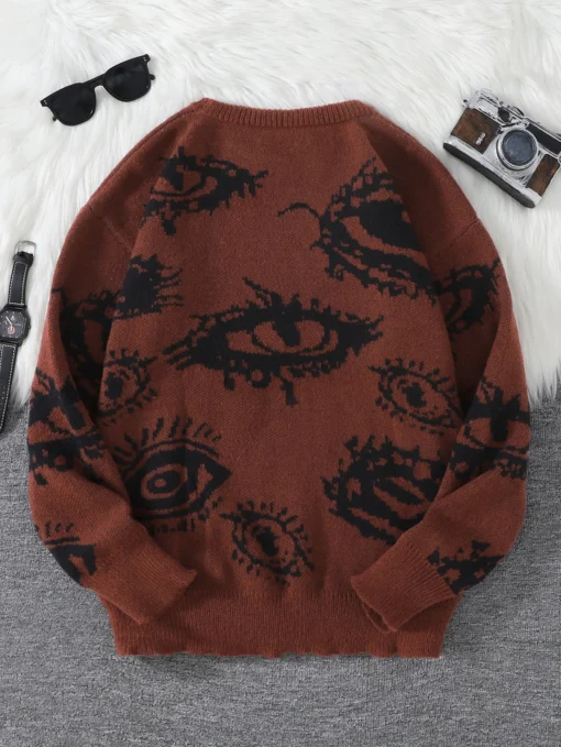 Abstract Eye Jacquard Pattern Pullover Sweater - Image 15