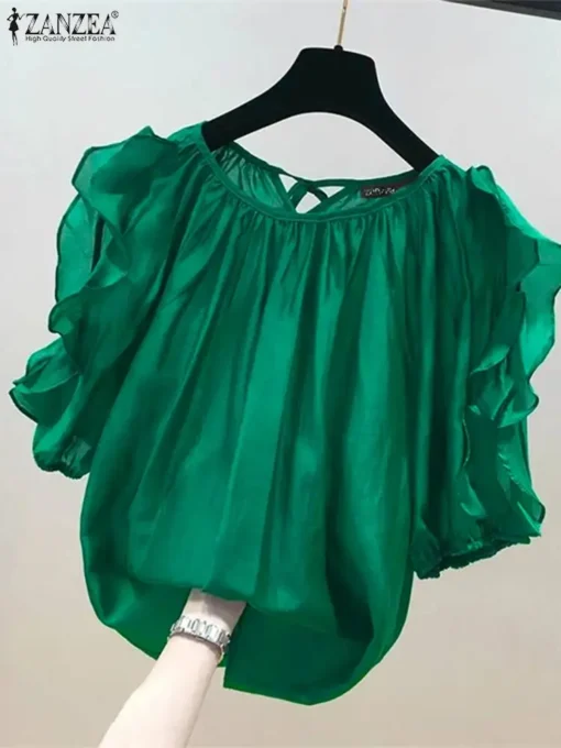 ZANZEA Cold Shoulder Ruffle Blouse