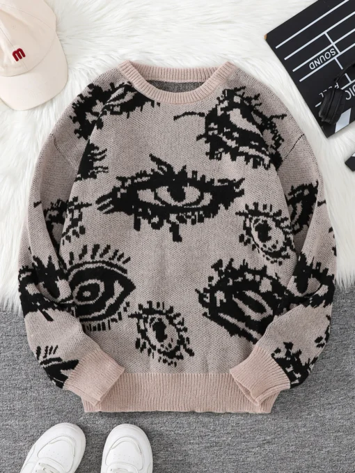 Abstract Eye Jacquard Pattern Pullover Sweater - Image 7