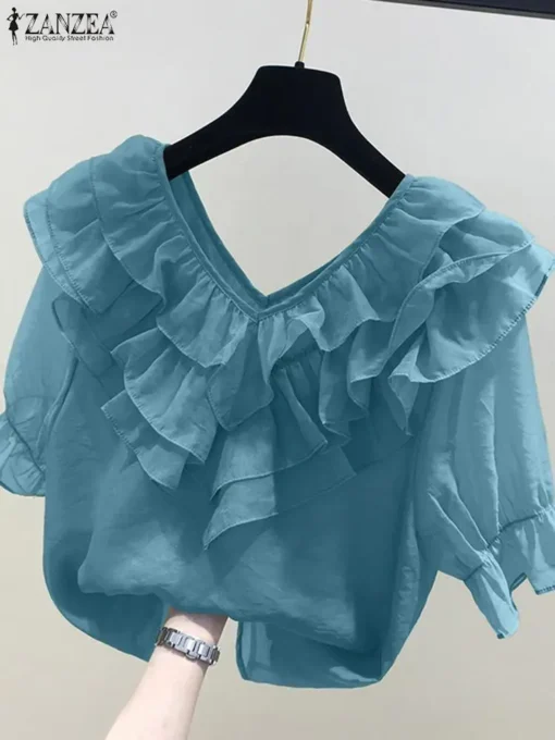 ZANZEA Solid Ruffle Blouse