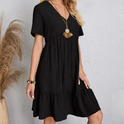 Loose V-neck Pleated Dress - Image 20